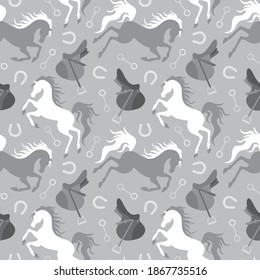 Gray and white horse, saddle and horseshoe silhouette seamless pattern. Vector illustration.
