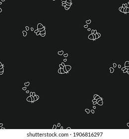 Gray and white isolated bees are in love with hearts near their heads are arranged in no particular order. Seamless repeat pattern. Chalk blackboard effect
