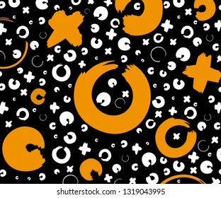 Gray, white and orange hand drawn pattern with x and o symbols on black background.  Vector ink repeating cross and zero or xo sign