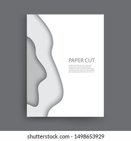 Gray and white paper cut shapes. Wave pattern background.