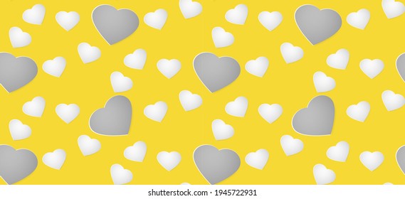 Gray and white paper hearts on a yellow background. Colors of 2021. Gray and yellow. Seamless patterns.