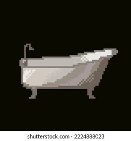 Gray white pixel bathroom on a black background. An item for 2d video games. Icon. Shower for home. Interior item object