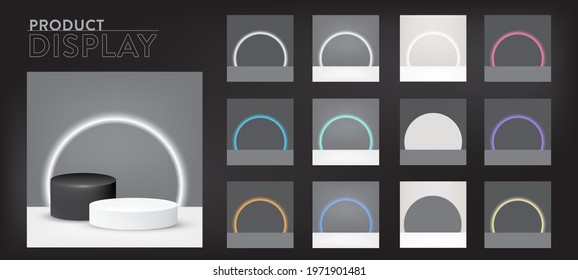 Gray and white Products display scene and round lighting with 3D Podium Geometric shape. Design Products Template for Fashion, Cosmetics Products, Ads and banner Background. Vector Illustration EPS10.