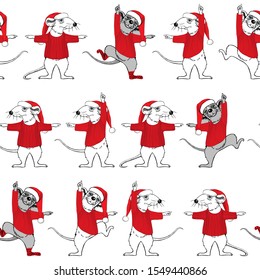 Gray and white rats in red costumes of Santa Claus. New Year seamless pattern. Symbol of the year.