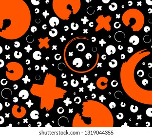 Gray, white and red hand drawn pattern with x and o symbols on black background.  Vector ink repeating cross and zero or xo sign