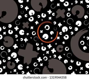Gray, white and red hand drawn pattern with x and o symbols on black background.  Vector ink repeating cross and zero or xo sign