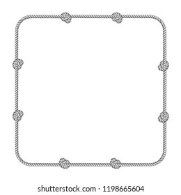 Gray white rope woven vector border with rope knots, vertical vector frame, isolated on white background