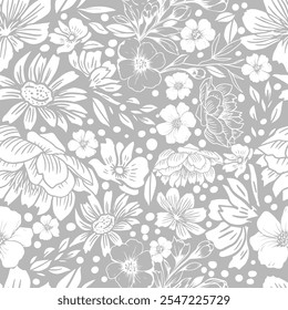 Gráfico de flores de fondo sin fisuras gris y blanco. dibujo a mano. IA no, Ilustración vectorial.