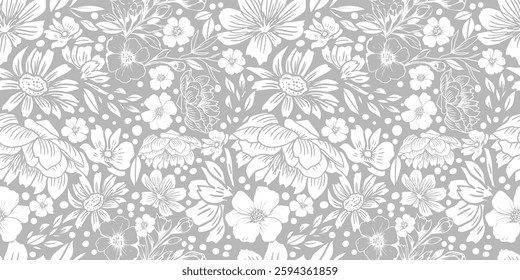 Gray and white seamless background flowers graphic. hand drawing. Not AI, Vector illustration.