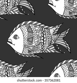 Gray and white Seamless Zentangle fish background. Vector illustration image