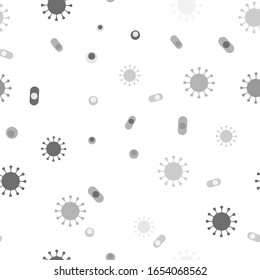 Gray And White Simple Cartoon Virus And Bacteria Cells Under Microscope Subtle Microbiology, Monochrome Seamless Pattern, Vector Background