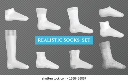 Gray and white sock realistic layouts of different types for sports and every day on transparent background isolated vector illustration