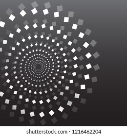 Gray and white spirals of rhombuses on a dark background, expanding radially from the center. Vector design.