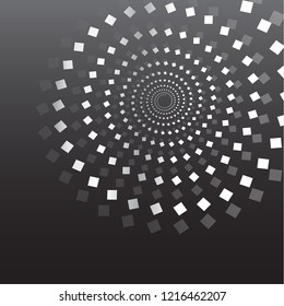 Gray and white spirals of rhombuses on a dark background, expanding radially from the center. Vector design.