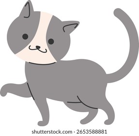Gray and white spotted cat in walking pose, with confident face, great for pet illustrations, icons, or children’s playful story visuals.