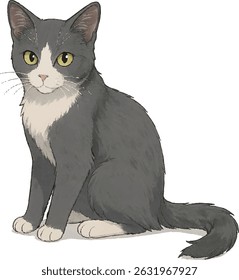 Gray and White Tuxedo Cat Sitting – Elegant Vector Illustration on Transparent Background