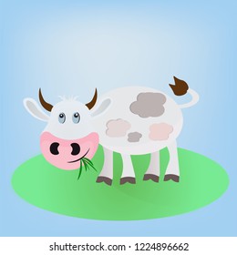 gray white vector cartoon cheerful cow animal standing on the field and eating green grass