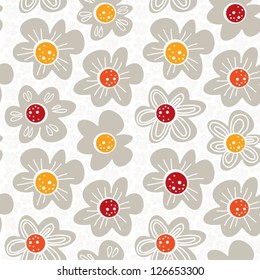 gray white yellow orange red botanical seamless pattern with blooming meadow flowers on white background