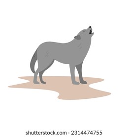 Gray wild wolf howls. Minimalist flat graphic of a wolf standing and howling. Vector illustration on a white background.