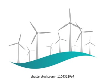 Gray wind turbines with engine and propellers on a blue wave on a white background. Icon for ecological wind energy.