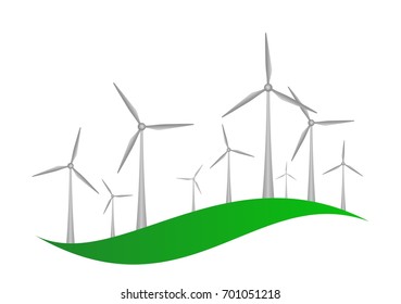 Gray wind turbines with engine and propellers on a green hill on a white background. Icon for ecological wind energy.