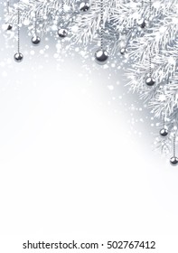 Gray winter background with fir branches. Vector illustration.