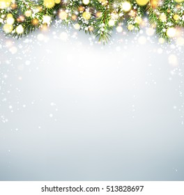 Gray winter background with green fir branches. Vector illustration.