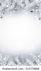 Fondo de invierno gris con ramas de abeto blanco. Ilustración vectorial.