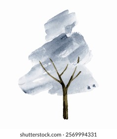 A gray winter graffiti watercolor tree