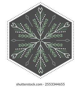 Gray winter holiday hexagonal design element. Northern ethnic ornament. Light green ornate snowflake on dark grey background. Graceful christmas decor. Calm colors folklore ornament