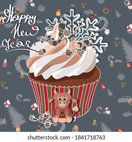 Gray winter pattern card with cupcake and inscription 'Happy New Year'