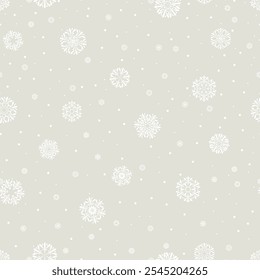 Fondo repetitivo de invierno gris con copos de nieve blancos. patrón transparente de Vector. papel de regalo. muestra de tela. Plantilla de diseño de Navidad para tarjeta de felicitación, Anuncio, volante, invitación, textil