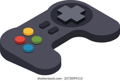 Gray wireless gamepad with colorful buttons and directional pad shown in isometric projection, representing gaming, entertainment, and leisure activities