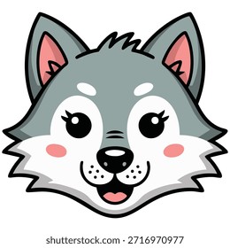 Ilustración vectorial aislada del estilo plano de la cara animal del lobo gris sobre fondo blanco