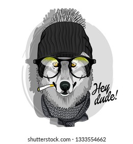 Gray wolf with glasses, cigarette, knitted hat and scarf. Hand drawn illustration of dressed wolf. Vector illustration.