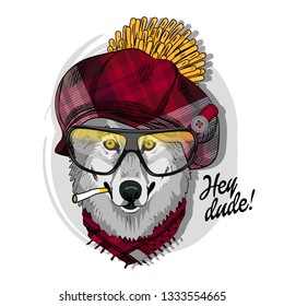 Gray wolf with glasses, cigarette, red checkered cap and scarf. Hand drawn illustration of dressed wolf. Vector illustration.