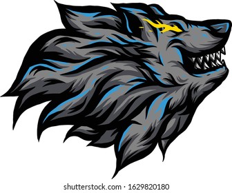 gray wolf head with fiery yellow eyes. 