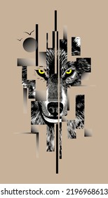 Gray wolf head with yellow eyes in geometry. Hand drawn vector illustration.