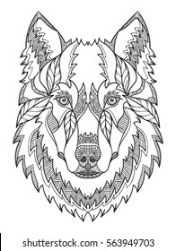 Gray wolf head zentangle, doodle stylized, vector, illustration, hand drawn, pattern. Zen art. Ornate vector. Black and white illustration on white background. Line art. svg