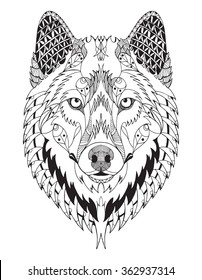 Gray wolf head zentangle stylized, vector, illustration, freehand pencil, hand drawn, pattern. Zen art. Ornate vector. svg
