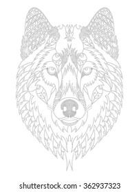 Gray wolf head zentangle stylized, vector, illustration, freehand pencil, hand drawn, pattern. Zen art. Ornate vector.