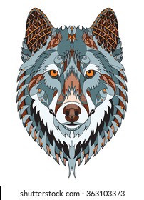 Gray wolf head zentangle stylized, vector, illustration, freehand pencil, hand drawn, pattern. Zen art. Ornate vector. Color. svg