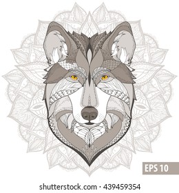 Gray wolf head zentangle stylized, hand drawn illustration,  pattern. Zen art. sketch for adult antistress coloring page with high details isolated on white background, T-shirt emblem, logo or tattoo 