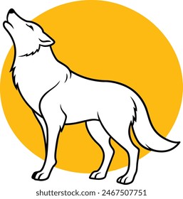 A gray wolf howls at the full moon. full body, Orange Yellow background