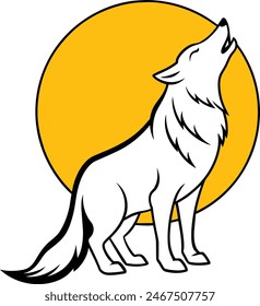 A gray wolf howls at the full moon. full body, Orange Yellow background