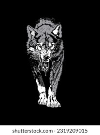 graue Wolfsinformation, die auf schwarzem Hintergrund schnippt