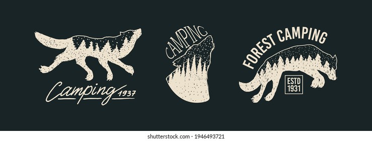 Gray wolf logo and badge. Forest and mountain and hill. Double exposure Concept. A predatory beast. Wild forest animal. Vector Engraved hand drawn Vintage old sketch for tattoo, t-shirt or typography.