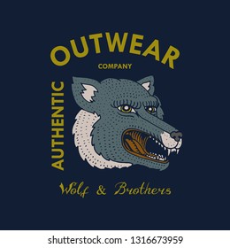 Gray wolf logo for t-shirt. Face or Head of Wild Animal Predator for vintage banner or poster. Portrait Japanese Style. Hand drawn Engraved Monochrome Old Sketch for retro label.