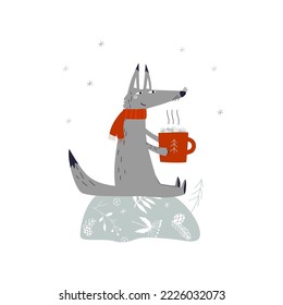 Grauer Wolf auf einem Schneefall in einem roten Schal. Frost, Schneeflocken. Ideal für Weihnachtskarten, Grußbriefe, Neujahrsanktionen.