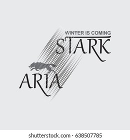 Gray wolf on a white background and the inscription Aria Stark.  Emblem. sticker. Graphic elements, typography design for textiles, printing on fabric or paper.